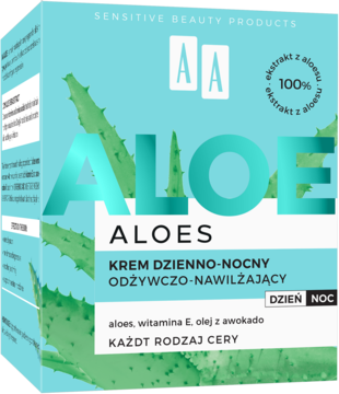 Krem AA Aloe na dzień i noc w jasnoniebieskim pudełku z liśćmi aloesu, 100% ekstrakt. Widok pod kątem.