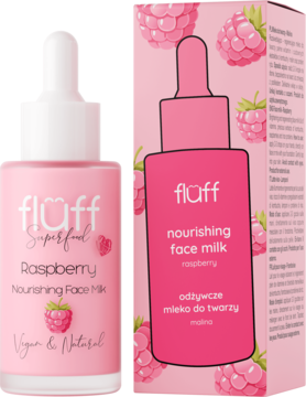 Fluff Raspberry odżywcze mleko do twarzy w różowej butelce z pipetą, widoczne obok pasującego pudełka.