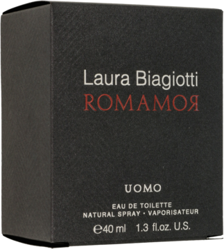Czarne, teksturowane pudełko Laura Biagiotti Romamor Uomo EDT 40ml, czerwony napis, widok z przodu.
