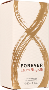 Białe pudełko perfum Laura Biagiotti Forever 30ml, widok pod kątem, ze złotym szczotkowanym wzorem.