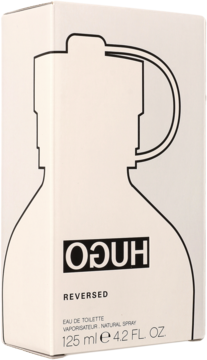 Hugo Boss Reversed woda toaletowa w białym pudełku z czarną grafiką butelki i odwróconym logo HUGO, z przodu.