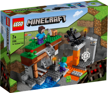 Pudełko zestawu Lego Minecraft Opuszczona Kopalnia. Widok z przodu, Steve, zombie i pająk w scenerii kopalni z lawą.