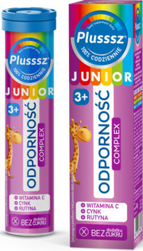 Plusssz Junior Odporność Complex: różowo-fioletowa tuba i pudełko z żyrafą, witaminą C, cynkiem, rutyną, bez cukru.