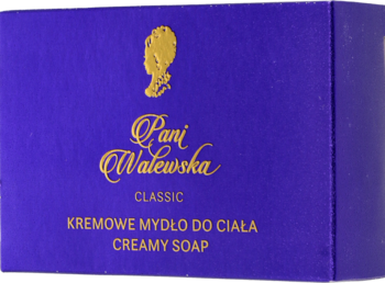 Niebieskie pudełko mydła Pani Walewska Classic Creamy Soap ze złotym napisem i profilem kobiety, widok z przodu.