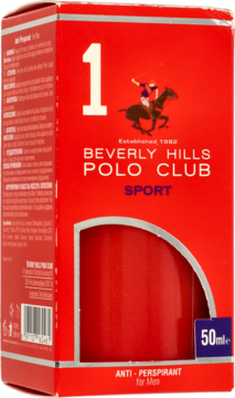 Czerwony antyperspirant w kulce Beverly Hills Polo Club Sport 50ml dla mężczyzn, opakowanie z okienkiem.