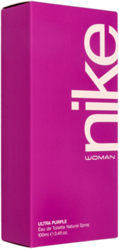 Jasnofioletowe, pionowe pudełko wody toaletowej Nike Ultra Purple Woman 100ml, widok z przodu pod kątem.