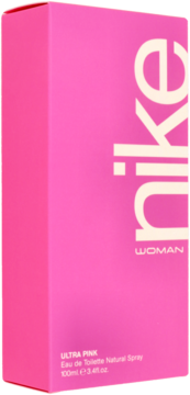 Różowe opakowanie perfum Nike Ultra Pink Eau de Toilette 100ml, widok z przodu pod lekkim kątem.