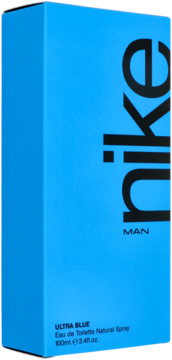 Błękitne pudełko perfum Nike Ultra Blue Man Eau de Toilette 100ml, widok przodem z widocznym bokiem.
