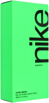 Jasnozielony kartonik perfum Nike Ultra Green Man Eau de Toilette 100ml, widok z przodu pod kątem.