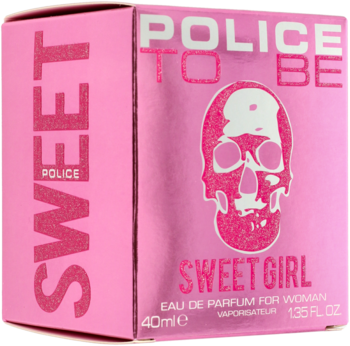 Police To Be Sweet Girl EDP w różowym pudełku z błyszczącą grafiką czaszki, widok z przodu pod kątem.