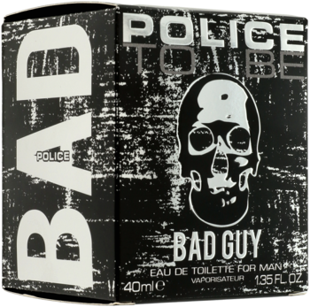 Czarne pudełko Police To Be Bad Guy Eau de Toilette, ze srebrną czaszką i napisami, widok pod kątem.
