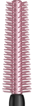 Różowo-srebrna, elastyczna szczoteczka tuszu Maybelline Sky High, z drobnymi, gęstymi włoskami ułożonymi spiralnie.