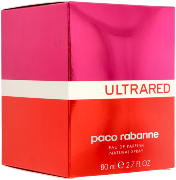 Błyszczące, fuksjowo-czerwone pudełko Paco Rabanne Ultrared, woda perfumowana 80 ml, widok z przodu.
