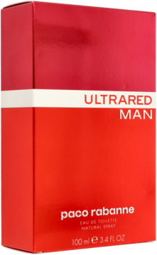 Czerwone opakowanie Paco Rabanne Ultrared Man EDT 100 ml, z białym paskiem i czarnymi napisami, widok z przodu.