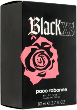 Paco Rabanne Black XS for Her woda toaletowa w czarnym pudełku z różową różą i logo Black XS, widok z przodu pod kątem.