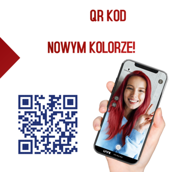 Smartfon z rudowłosą kobietą i kodem QR, obok reklama farby SCHWARZKOPF LIVE Intense Colour Real Red.