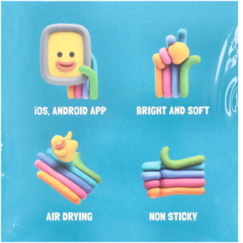 Cztery kolorowe ilustracje z masy plastycznej, cechy produktu: app, jasna, miękka, schnąca, nieklejąca, na niebieskim tle.