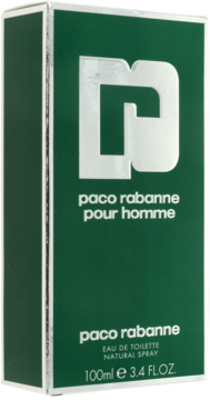 Zielone pudełko Paco Rabanne Pour Homme woda toaletowa, widok z przodu pod kątem, z srebrnym logo i białym tekstem.