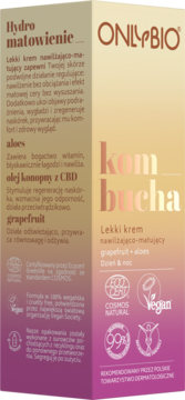 Opakowanie kremu Onlybio Kombucha: matująco-nawilżający grapefruit+aloes, widok boczny produktu.