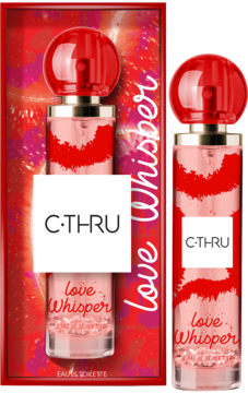 C-THRU LOVE WHISPER woda toaletowa damska: zestaw z flakonem o różowym płynie, czerwonymi wzorami i brokatem, z przodu.