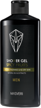 Czarny żel pod prysznic Masveri Spicy Fruits dla mężczyzn, białe logo i napis, zapobiega suchości skóry, widok z przodu.