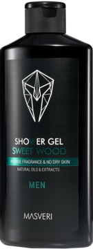 Masveri Sweet Wood Shower Gel dla mężczyzn, czarna butelka z logo, widok z przodu, bez suchości skóry.