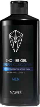 Masveri Urban Cologne shower gel for men, sleek black bottle with white geometric logo, frontal view.
