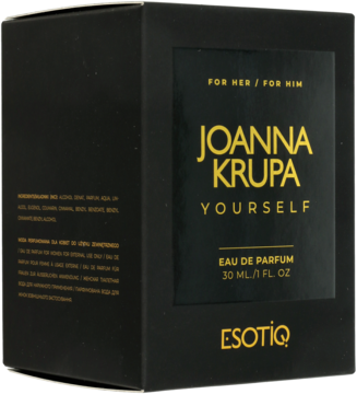 Czarne pudełko wody perfumowanej unisex Joanna Krupa Yourself 30ml, widok pod kątem, złoty napis.