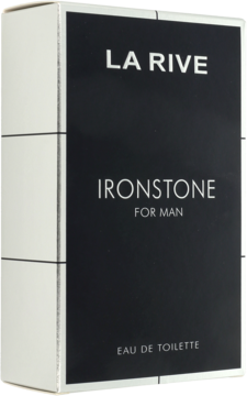 Czarny kartonik La Rive Ironstone woda toaletowa dla mężczyzn, z białym napisem, widok z przodu pod kątem.