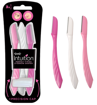 Wilkinson Sword Intuition Perfect Finish Eyebrow Shaper, zestaw 3 sztuk: różowo-białe narzędzia z precyzyjnymi ostrzami.