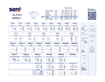 Biały arkusz informacyjny Seni Super z tabelą rozmiarów pieluchomajtek oraz ikonami kluczowych cech.