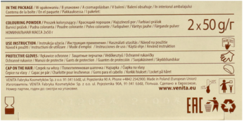 Tył opakowania ziołowej farby do włosów Venita 100% Natural, z instrukcjami i wagą 2x50g proszku.
