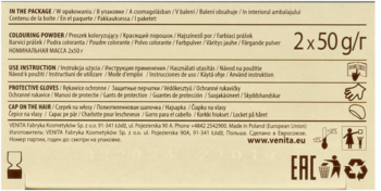 Tył opakowania ziołowej farby Venita z instrukcją użycia i szczegółami pudru koloryzującego 2x50g.
