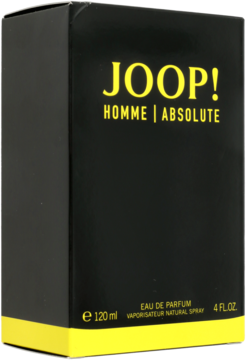 Joop! Homme Absolute woda perfumowana dla mężczyzn, czarne pudełko z żółtymi akcentami, widok pod kątem.