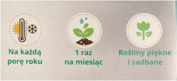Trzy zielone ikony Florovit Vital Complex: termometr z słońcem i śnieżynką, roślina z kroplami wody, kwiat. Opisują pielęgnację storczyków.