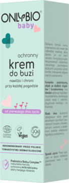 ONLYBIO baby ochronny krem do buzi, jasnozielone pudełko z sercami, nawilża i chroni skórę, widok z przodu.