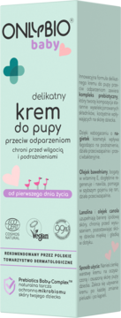Delikatny krem do pupy ONLYBIO baby przeciw odparzeniom, miętowe pudełko z różowym sercem, widok z przodu.