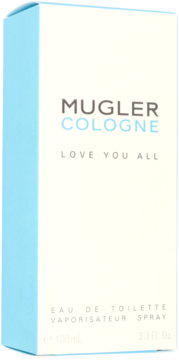 Mugler Cologne Love You All Eau de Toilette, białe pudełko z błękitnym bokiem, widok z przodu, 100ml.