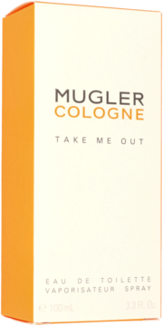 Białe pudełko Mugler Cologne Take Me Out Eau de Toilette 100ml, z pomarańczowym bokiem i napisem COLOGNE, widok z przodu.