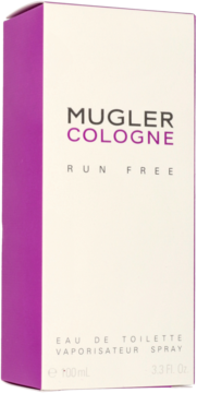 Mugler Cologne Run Free Eau De Toilette, biało-fioletowe prostokątne pudełko, widok pod kątem.