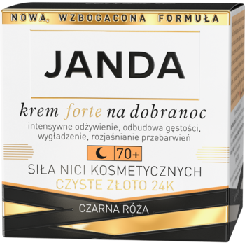 JANDA krem na noc Forte 70+ z czystym złotem 24K, czarno-złote opakowanie, widok z przodu.