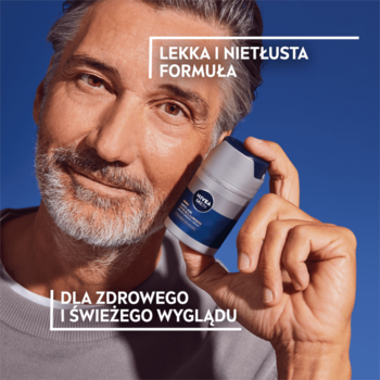 Mężczyzna z siwą brodą trzyma krem NIVEA MEN Hyaluron, z napisami: Lekka formuła i Zdrowy wygląd.