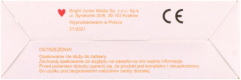 Side of light memory game box, Memorki, showing red heart logo, CE mark, manufacturer details and warnings in Polish.