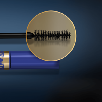 Max Factor Divine Lashes, zbliżenie na czarną, miękką szczoteczkę w złotym powiększeniu. Część niebieskiej tuby.