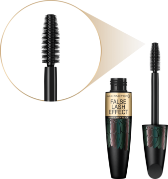 Czarny tusz do rzęs Max Factor False Lash Effect z zielono-złotym wzorem, otwarte opakowanie i zbliżenie na pędzelek.