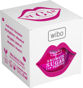 Białe pudełko peelingu cukrowego Wibo Aromatic Sugar do ust z graficznymi, różowymi ustami, widok z przodu i z boku.