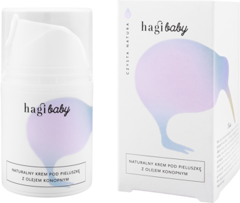 Biały krem Hagi baby pod pieluszkę z olejem konopnym, butelka i pudełko z logo ptaka kiwi.
