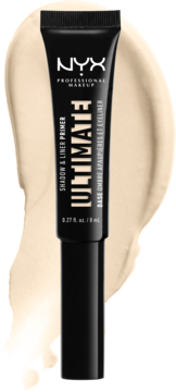 NYX Ultimate Shadow & Liner Primer, czarna tubka z beżową bazą do powiek na żółtym tle.