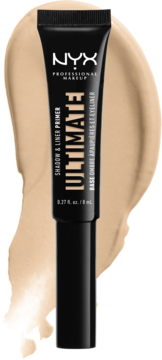 Czarna tubka NYX Ultimate Shadow & Liner Primer, baza do cieni do powiek, widok z przodu z beżową próbką.