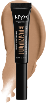 Baza do cieni do powiek NYX Ultimate Shadow & Liner Primer w czarnej tubce, widoczny brązowy swatch produktu.